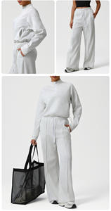 YIYI بدلة رياضية نسائية من قطعتين أطقم ملابس استراحة تمارين اليوغا طويلة الأكمام نصف سحاب بلوفر وبنطال رياضي فضفاض بجيوب - Product Image 5