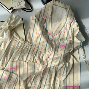 Setelan Piyama Wanita Motif Garis Seperti Sutra - Pakaian Santai Modis Lengan Panjang untuk Musim Semi - Product Image 5