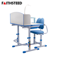 Ensemble bureau et chaise pour étudiant réglable en hauteur bleu, mobilier scolaire moderne avec étagère, lampe LED et tiroir sous le bureau