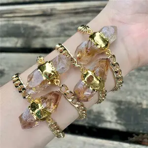 LS-B1955 Gold plated cuban chain bracelet natural raw gemstone charm high quality citrine stone bracelet jewelry