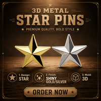 Broche d'uniforme en métal en forme d'étoile à cinq branches 3D brillante or et argent, emblème de chapeau, vente en gros