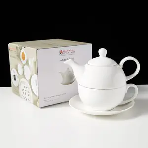WEIYE 3pcs oem odm white tea set durable porcelain stackable 425ml tea pot 250ml cup and saucer set ceramic tea pot