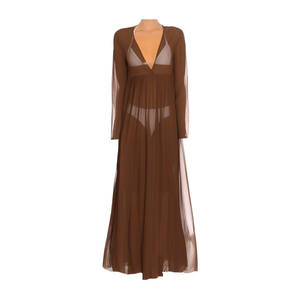 Vestido largo de chifón HDJ para playa, talla grande, manga larga, cuello en V profundo, transparencias, ajuste holgado, color liso - Product Image 1