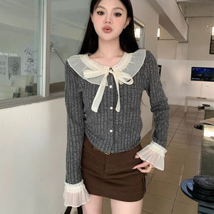 Nuovo Maglione Autunnale Lavorato a <span class=keywords><strong>Maglia</strong></span> <span class=keywords><strong>con</strong></span> Fiocco in <span class=keywords><strong>Pizzo</strong></span>, Pullover a Tinta Unita <span class=keywords><strong>con</strong></span> Colletto alla Peter Pan, Top Sottile da <span class=keywords><strong>Donna</strong></span> - Product Image 4