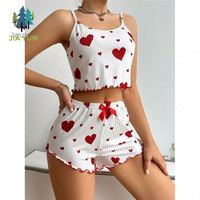 Heißer Sommerschlussverkauf Damen Sexy Weißes Gestricktes Pyjama-Set mit Herzmuster Cami & Shorts Damen-Nachtwäsche 2-teilig