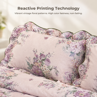 Parure de lit style pastoral à fleurs violettes, 3 pièces, housse de couette à volants, couvre-lit doux en pur coton pour chambre de filles