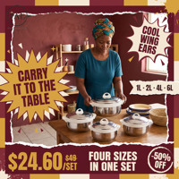 Ensemble de 4 casseroles de service pour cuisine, 1L, 2L, 4L, 6L, corps en acier inoxydable, couvercles avec poignées anneaux et boutons, poignées froides au toucher, pour fêtes de famille et mariages
