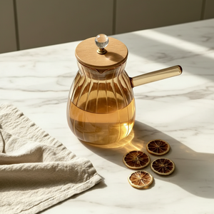Théière en verre ambré avec couvercle en bambou et bouton en cristal, bouilloire en verre borosilicate côtelé compatible induction - Product Image 4
