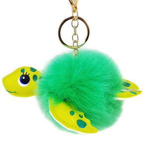 卸売PU人工皮革漫画の亀の形をした手作りポンポンキーホルダーペンダント模造レックスラビットファーボール - Product Image 5