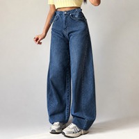 Jean large en denim pour femme, taille haute, délavé, style streetwear décontracté, longueur complète, mélange de coton, achats en gros