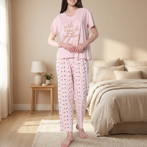 Pyjamas décontractés pour femmes, fabrication ODM, 100% coton, tissu jersey doux et lisse, fermeture élastique à la taille, été, printemps, motif floral, court - Product Image 3