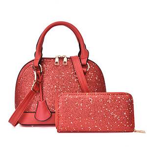 Ensemble de sacs en PU à paillettes et à franges pour femmes, couleur unie, 2 pièces, noir, blanc, rose pâle - Product Image 2