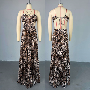 Mới Nhất Thiết Kế Phụ Nữ Thời Trang dạo phố Phụ Nữ Thời Trang Ren Up Không Tay xếp li Maxi Dresses Sexy Backless Leopard In Halter Dress - Product Image 2