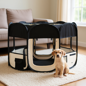 คอกกั้นสุนัขแบบพับได้ สีดำครีม โพลีเอสเตอร์ โครงเหล็ก ขนาดกลาง สำหรับความบันเทิงของสุนัข - Product Image 2