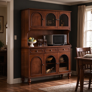 Credenza Rustica Americana Vintage in Legno Massello con Vetrina, Mobile Buffet Retrò per Sala da Pranzo, Credenza Portabottiglie per Villa - Product Image 6