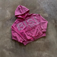 Sudadera con capucha OEM unisex para hombre, rosa, 320GSM, de algodón lavado, con estampado de pedrería, estilo crop, holgada, con cremallera, fabricada en EE. UU.