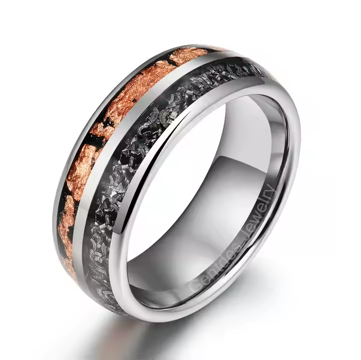 Gentdes Jewelry Wholesale Tungsten Men Rings 8MM High Polished Rose Gold Foil and Meteorite Ring