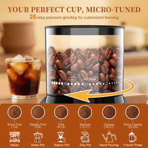 Molinillo de Café Cónico con 25 Ajustes de Molienda, Ajustable para 2-12 Tazas, Diseño Antiestático, Potente - Product Image 5