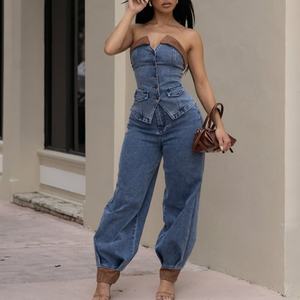 Nouveaux ensembles décontractés en jean sans bretelles avec détails en cuir, automne-hiver, pour femme, haut court à simple boutonnage et pantalon long, ensemble deux pièces en jean - Product Image 1