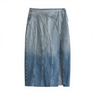 Women's Stonewashed Denim Pencil <b>Skirt</b> With Side Slit <b>Knee</b>-<b>Length</b> Casual Style Spring Wear - Product Image 4
