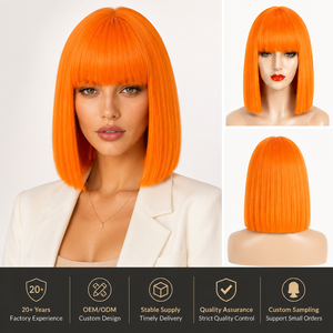 Perruque synthétique courte et droite, couleur <span class=keywords><strong>orange</strong></span> néon vif, avec frange, résistante à <span class=keywords><strong>la</strong></span> chaleur, pour fête, cosplay, mode, prix d'usine - Product Image 1