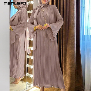 Robe Abaya plissée élégante en coton gris foncé pour femme, plissée verticalement, manches longues, col montant, style minimaliste, modeste, maxi, pour le quotidien - Product Image 1
