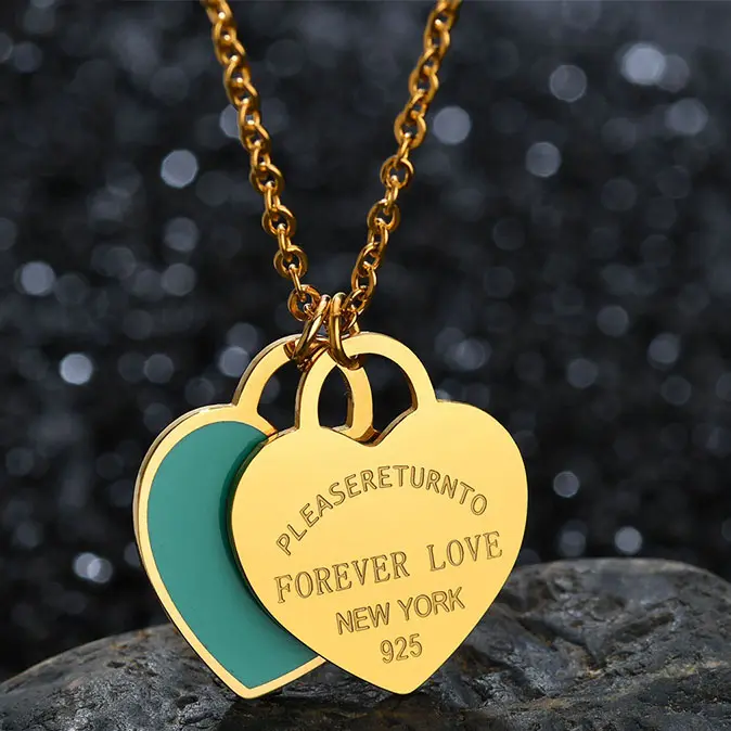 Customized Letters English Forever Love Enamel Double Color Heart Charm Necklace Stainless Steel Jewelry