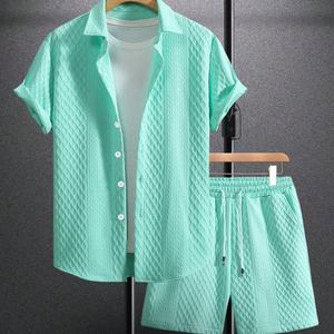 ชุดเสื้อเชิ้ตแขนยาวและกางเกงขาสั้นผ้าวาฟเฟิลสำหรับผู้ชาย แบบ 2 ชิ้น สไตล์โปโล - Product Image 5