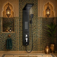 Système de douche mural LED noir de luxe moderne, panneau de douche mural en acier inoxydable intelligent pour salle de bain, ensemble de douche