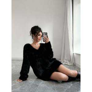 Fuzzy V Neck Knit Mini <b>Dress</b> Women's Sweater <b>Dress</b> Color <b>White</b> - Product Image 4