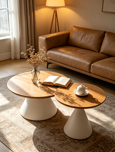 Round Wood Coffee <b>Table</b> with White Base Modern Minimalist Living Room Furniture <b>Nesting</b> Design for Home Use - Product Image 2
