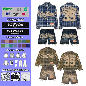 Completo da Uomo YYSY Streetwear: <span class=keywords><strong>Camicia</strong></span> a Maniche Lunghe con Strass e <span class=keywords><strong>Jeans</strong></span> Corti a Quadri in Cotone - Set Due Pezzi - Product Image 1