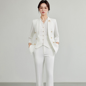 Women's White Three Piece Suit Set Polyester Summer Office Lady Anti Wrinkle Professional Work Wear - Product Image 1