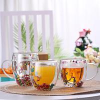 Grosir Cangkir Mug Kopi Teh Kaca Borosilikat Dinding Ganda 250ml 8.5oz dengan Bunga Kering Bunga Abadi dan Pegangan