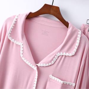 PJ-051 Modal Long Sleeve Women's Pajama <b>Set</b> Collar Embroidery Trim Spring/Autumn <b>Knitted</b> Loungewear Simple - Product Image 3