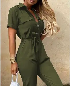 R20512S Ocasional cor sólida Jumpsuit 2020 Verão Profundo Decote Em V Botão Macacão Camisa Senhora do Escritório de Manga Curta One Piece Romper