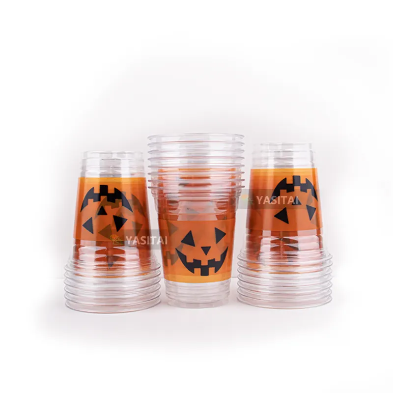 12oz 16oz 24oz New Happy Halloween PET copos plásticos transparentes descartáveis com logotipo da cabeça do diabo