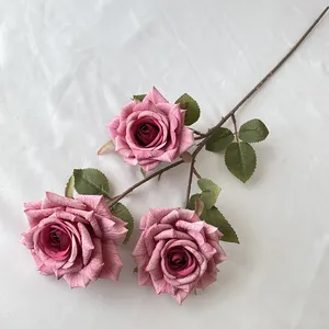 QYY Decoration High Quality Artificial Flower 3-head Wenjuan Coated Silk Screen Diamond Rose
