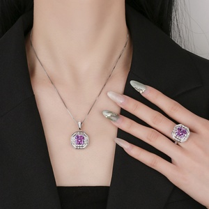 Trendy Eco-friendly Copper <b>Iced</b> <b>Out</b> Purple Cubic Zirconia Jewelry Set 10*10mm High Carbon Diamond Necklace Ring for Casual Wear - Product Image 6