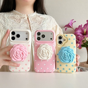 <span class=keywords><strong>Funda</strong></span> de silicona suave a prueba de golpes con soporte plegable de flor rosa 3D y puntos de polka para <span class=keywords><strong>iPhone</strong></span> 17 16 15 <span class=keywords><strong>14</strong></span> 13 Pro Max - Product Image 6