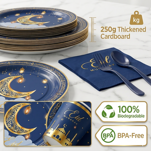 Ensemble de vaisselle de fête du Ramadan de haute qualité et résistant - 117 pièces, assiettes et couverts jetables dorés Eid Mubarak, ensemble de célébration - Product Image 3