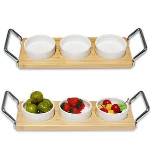 Bamboo Serving Tray Relish Tray with 3 Ceramic Bowls & Stainless Steel Handles Feet Serves