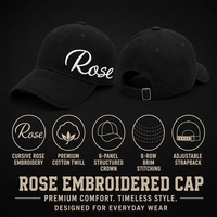 Casquette de baseball personnalisée brodée de roses, 6 panneaux, en sergé de coton, réglable, style vintage minimaliste, vente en gros, OEM, faible MOQ