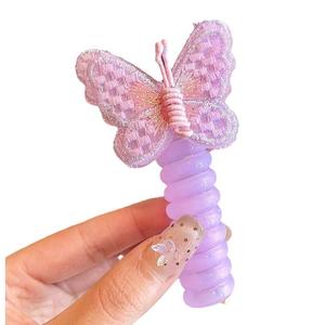 女性の女の子のための高弾性ヘッドロープ付きYTかわいいバタフライフラワーヘアネクタイ電話線プラスチック素材レザーバンド - Product Image 6