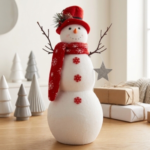 Cozy Knit Red Hat Snowman Sculpture with Miniature Holiday Stocking for Rustic Mantel Window Decor New - Product Image 2