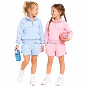 Conjunto de Sudadera y Pantalones Cortos de Algodón al por Mayor para Niñas, Traje Deportivo con Cierre de Cremallera, Ideal para Deportes Escolares y Uso Diario - Product Image 3