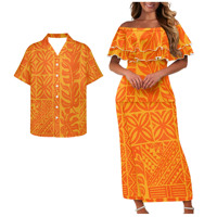 Tenues de couple tropicales grises assorties : Ensemble robe Puletasi deux pièces à épaules dénudées pour femme et chemises hawaïennes Luau assorties pour homme