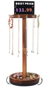 Support organisateur 360 ° Support rotatif pour bijoux avec 12 crochets métalliques, tour d'exposition en bois pour colliers, pour la vente en magasin - Product Image 2