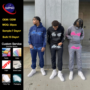 Ensemble de survêtements streetwear en molleton pour homme, avec sweat à capuche et pantalon de survêtement, broderie et impression en relief, logo personnalisé - Product Image 1