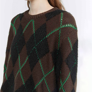 Suéter <span class=keywords><strong>de</strong></span> lana con <span class=keywords><strong>rombos</strong></span> <span class=keywords><strong>para</strong></span> <span class=keywords><strong>mujer</strong></span>, ropa informal con cuello, venta al por mayor, OEM - Product Image 4